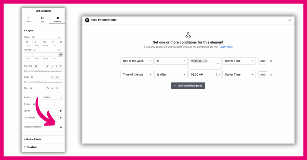 screenshots that show where to find Display Conditions feature in Elementor and how to set display conditions