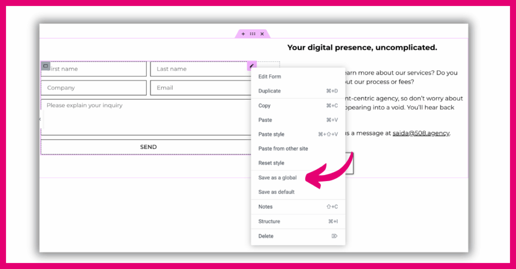 a screenshot that displays how to set up an Elementor form as a global element
