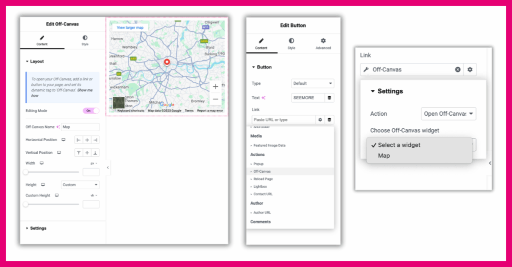 screenshots that showcase how to set up the Off-Canvas feature in Elementor and link it to a button